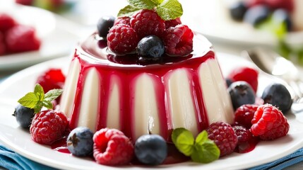  a white plate topped with a panna cotta dessert covered in berries and mint leaves The plate is sitting on a cloth and there is a spoon beside it The background i