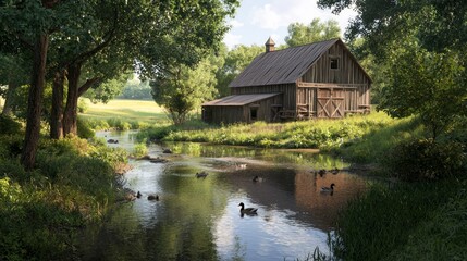 Obraz premium Tranquil Barn Scene with Creek and Ducks - Ultra-Detailed Rural Landscape with Serene Water Flow and Wildlife