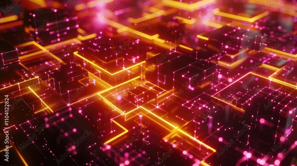 Poster a vibrant, abstract representation of a digital network with glowing pathways and structures.