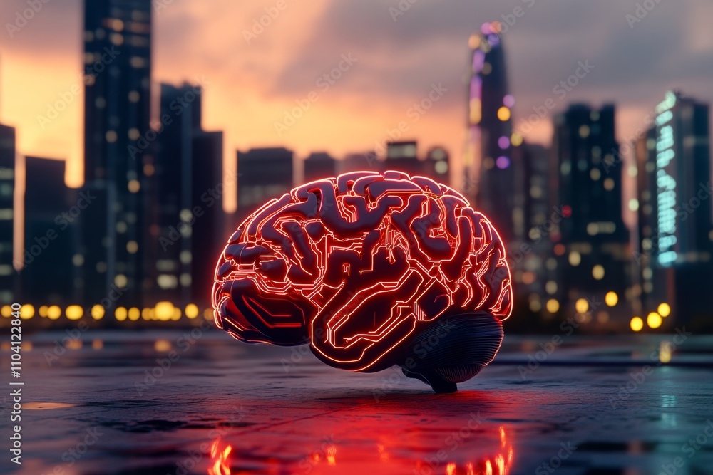 Poster a cyberpunk-themed brain with glowing neon circuits and holographic overlays, set in a high-tech urb