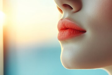 An artistic side view of lips in warm, soft sunlight, emphasizing their natural beauty and glow, symbolizing softness, elegance, and timeless allure.
