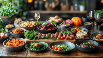 Fototapeta premium A beautifully arranged spread of diverse and vibrant food dishes showcasing a variety of ingredients and culinary styles on a rustic dining table