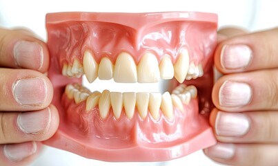 Dental model of human jaw with teeth held in hands.