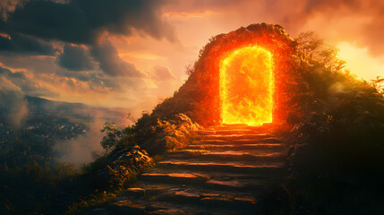 A fiery portal opens atop mystical steps, inviting to an otherworldly adventure. Otherworldly. Illustration