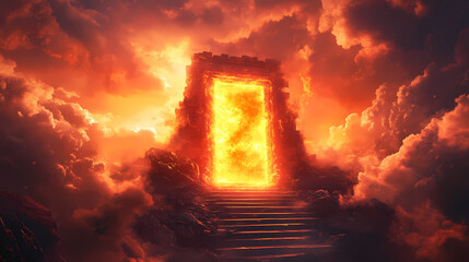 A fiery portal opens atop mystical steps, inviting to an otherworldly adventure. Otherworldly. Illustration