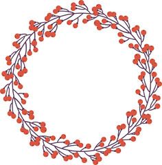 A red wreath with berries is shown in a white background