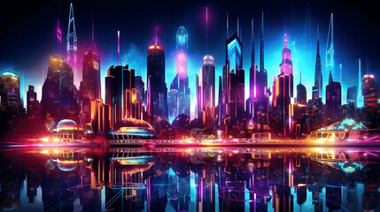 Obraz premium Cityscape skyline with blurred traffic lights at night