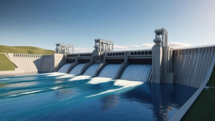 Peak Energy Optimization Concept. A modern dam structure harnessing water for energy, featuring spillways and a serene backdrop of hills and clear skies.