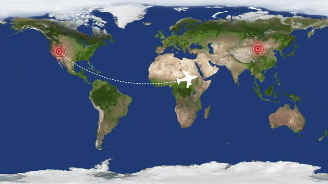 Airplane Flying over World Map Flights on world map travel across continents animation background. Airplane icon flying over a world map representing global travel or international flights.