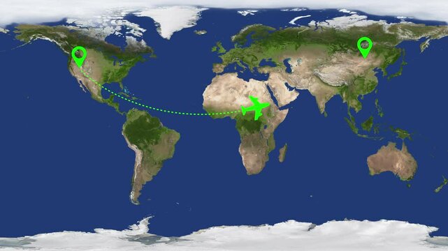 Airplane Flying over World Map Flights on world map travel across continents animation background. Airplane icon flying over a world map representing global travel or international flights.