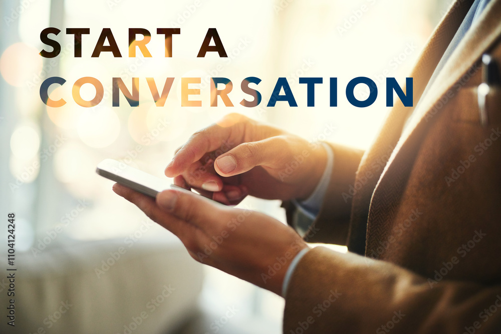 Poster conversation, words and phone with hands of employee for social media, communication and networking.