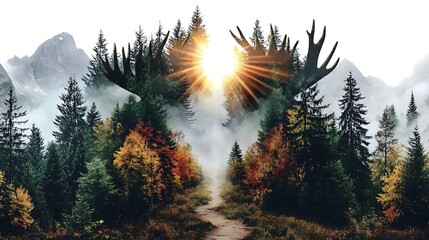 A majestic forested ridge shaped like a moose&rsquo;s head, with sprawling pathways branching out like antlers, vibrant autumn foliage creating a golden and red hue,