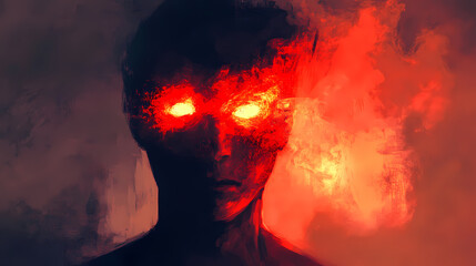 Fototapeta premium A person with a bright red glow emanating from their face, possibly indicating an otherworldly or supernatural presence. Otherworldly. Illustration