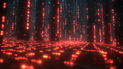 Mysterious digital landscape with glowing red matrix patterns in a dark forest at twilight. Generative AI