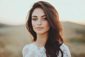 A beautiful young woman stares pensively into the camera, wearing an elegant lace dress, set against a tranquil natural background during sunset golden hour.