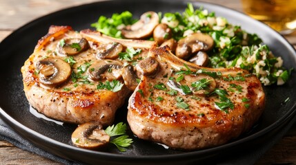  a plate of pork chops with mushrooms and parsley on a black plate, placed on a wooden surface with a cloth underneath The background is slightly blurred, giving th