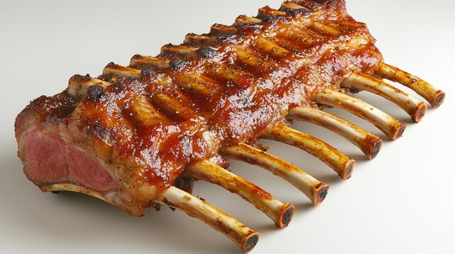  a rack of rack of lamb on a white background, glistening with a delicious barbecue sauce The lamb is cooked to perfection, with a golden-brown crust and juicy, suc