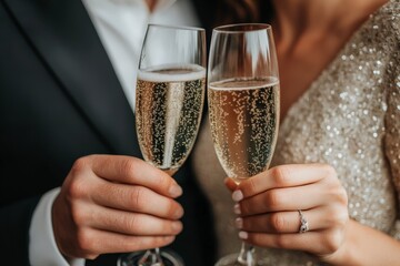 A close-up of a couple's hands gently clinking champagne flutes adorned with sparkling bubbles, capturing a moment of joy and celebration together.
