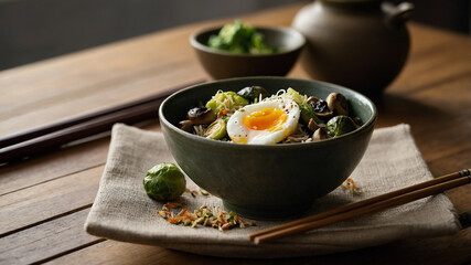 Warm Winter Rice Bowl. A deep ceramic bowl filled with fragrant jasmine rice, saut&eacute;ed mushrooms, and roasted Brussels sprouts