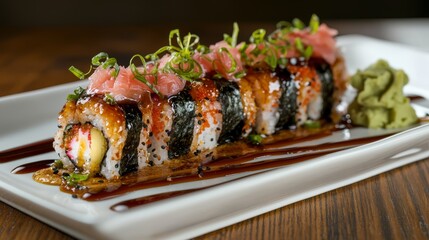  a white plate topped with a sushi roll covered in sauce, sitting on a wooden surface with a blurred background