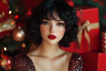 Glamorous Woman in Sequined Red Dress amidst Festive Christmas Decorations