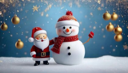 Fototapeta premium Heartwarming Christmas Scene. Miniature Santa and Snowman in Festive Winter Wonderland with Golden Baubles and Sparkling Snowflakes Capturing Holiday Joy and Cheerful Spirit