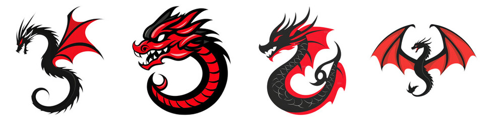 symbols of Chinese New Year concept. Five stylized red and black dragon illustrations  on Transparent background.