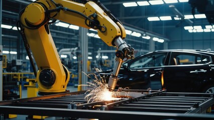 A yellow robotic arm welding metal with sparks flying in a high-tech industrial factory, showcasing automation, innovation, and precision in modern manufacturing processes.