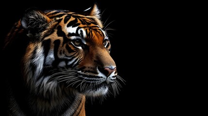 Obraz premium Intense tiger portrait emerging boldly from a deep black backdrop.