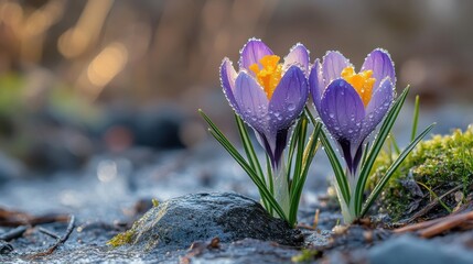 A close-up view of two vibrant purple crocus flowers blooming in a dewy, natural setting captures...