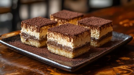  a wooden table with a black plate on top of it, containing three pieces of cake The background is slightly blurred, giving the focus to the plate of food
