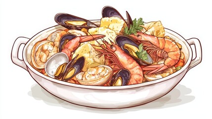  a bowl of seafood paella on a white background The bowl is filled with a variety of seafood, including prawns, mussels, and clams, and is garnished with coriander