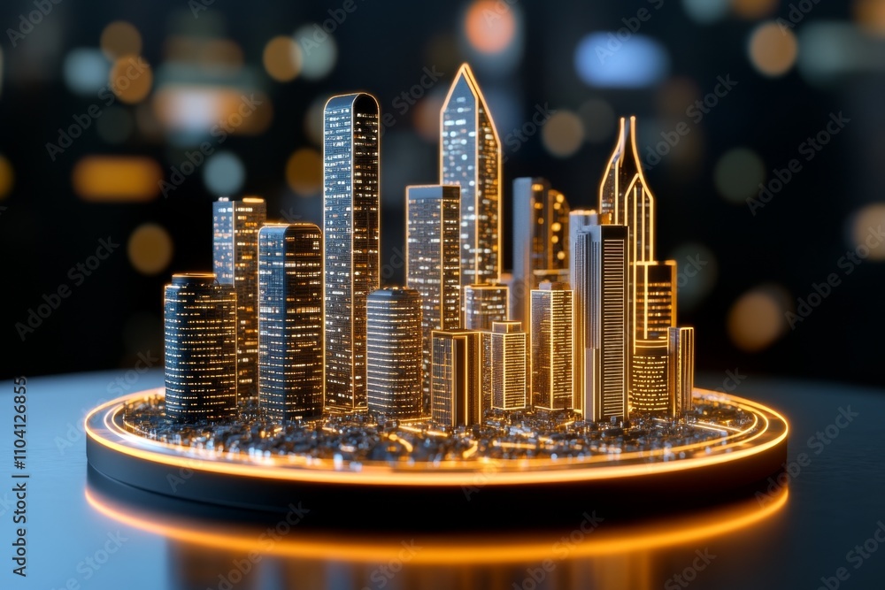 Poster A futuristic holographic blueprint displaying a rotating 3D model of a smart city, with glowing lines and augmented reality icons