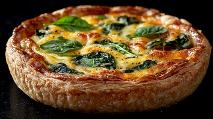  a quiche with spinach and cheese on a black plate The quiche is golden-brown in color and is filled with a savory mixture of spinach, cheese, and other ingredients