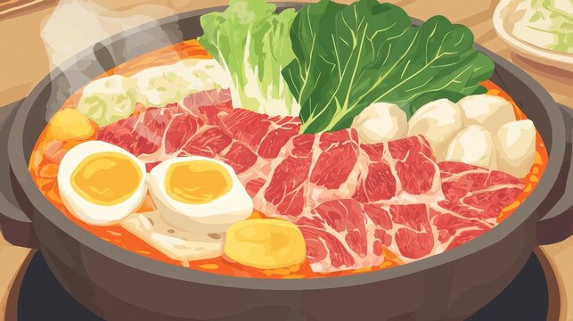  a pot of hot pot with meat and vegetables on a table The pot is filled with a variety of ingredients, including boiled eggs, meat, and vegetables, and there is a p