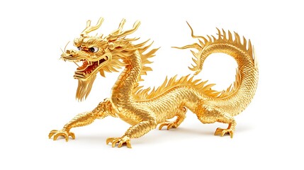 Fototapeta premium A golden dragon, large and detailed, is shown against a white background.