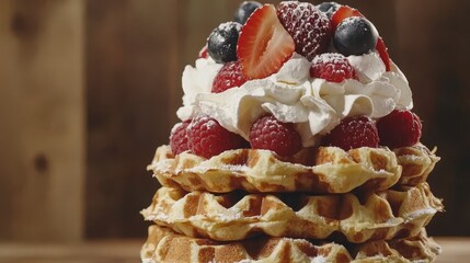 a stack of waffles topped with fresh berries and whipped cream, sitting on a wooden surface with a blurred background