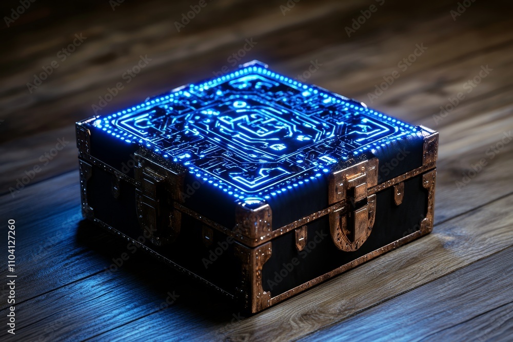 Poster a futuristic metallic box with glowing blue edges and intricate holographic symbols hovering above i