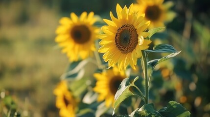Obraz premium A dynamic composition of vibrant yellow sunflowers against a rustic wooden barn backdrop, angled shot, Rural style