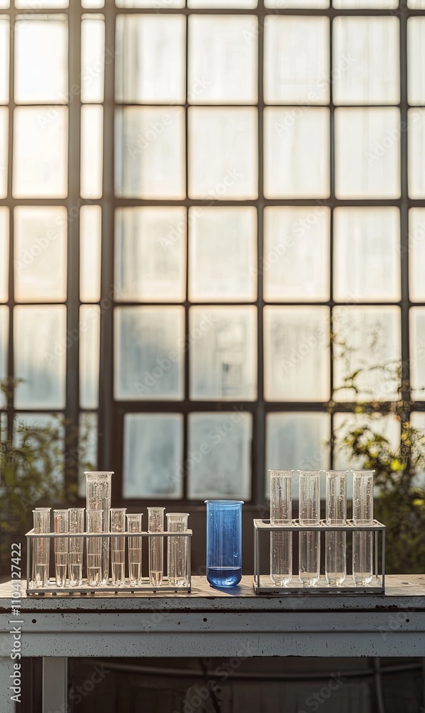 Poster laboratory glassware on a table in front of large windows.