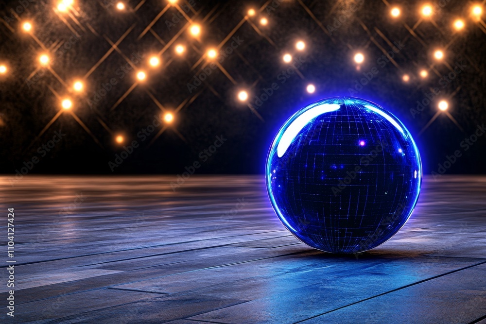 Poster a glowing blue sphere floating in a dark, futuristic room with neon grids and holographic displays