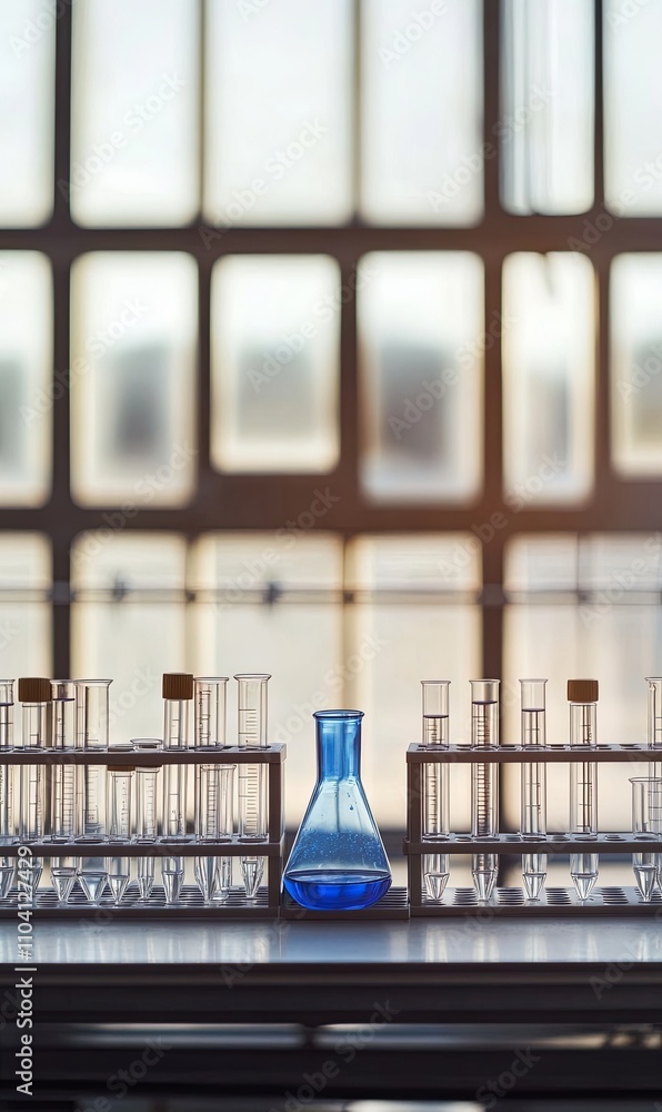 Poster laboratory flask and test tubes on a bench with a window background.