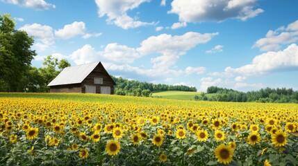 Idyllic Countryside Scene with Barn and Sunflowers on a Warm Summer Day