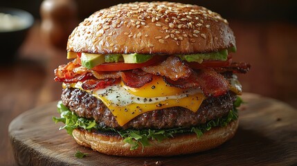  a bacon and egg cheeseburger on a wooden cutting board, with lettuce, tomato, and other toppings The background is slightly blurred, giving the focus to the delici