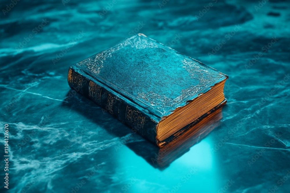 Poster a gothic old book with blackened pages and intricate silver engravings, resting on a dark marble tab