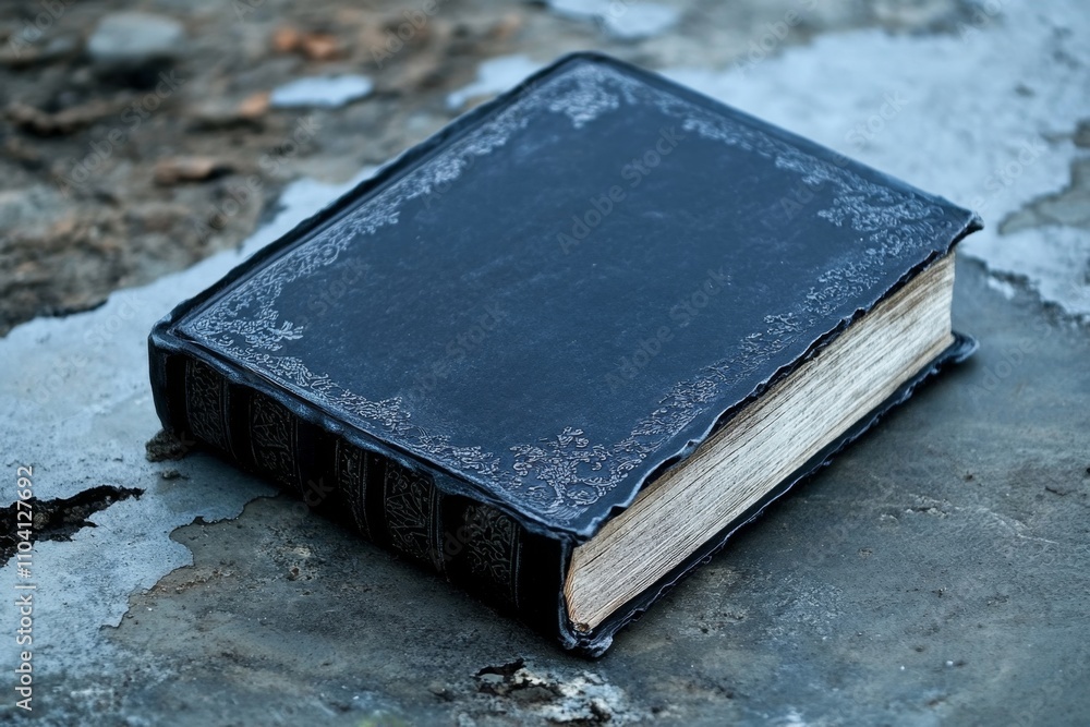 Poster a gothic old book with blackened pages and intricate silver engravings, resting on a dark marble tab
