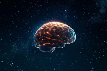 Obraz premium A glowing, magical brain floating in a starry void, surrounded by swirling galaxies and shimmering stardust