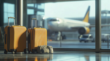 Suitcases placed before an airport window