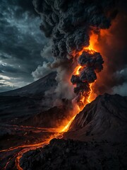 Active volcano eruption with flowing lava under a dramatic sky.