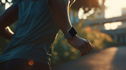 Person running on a road wearing a smartwatch.